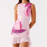 Pink Ruffled Floral Tank Boat Neck Back Tie-up Mini Dress